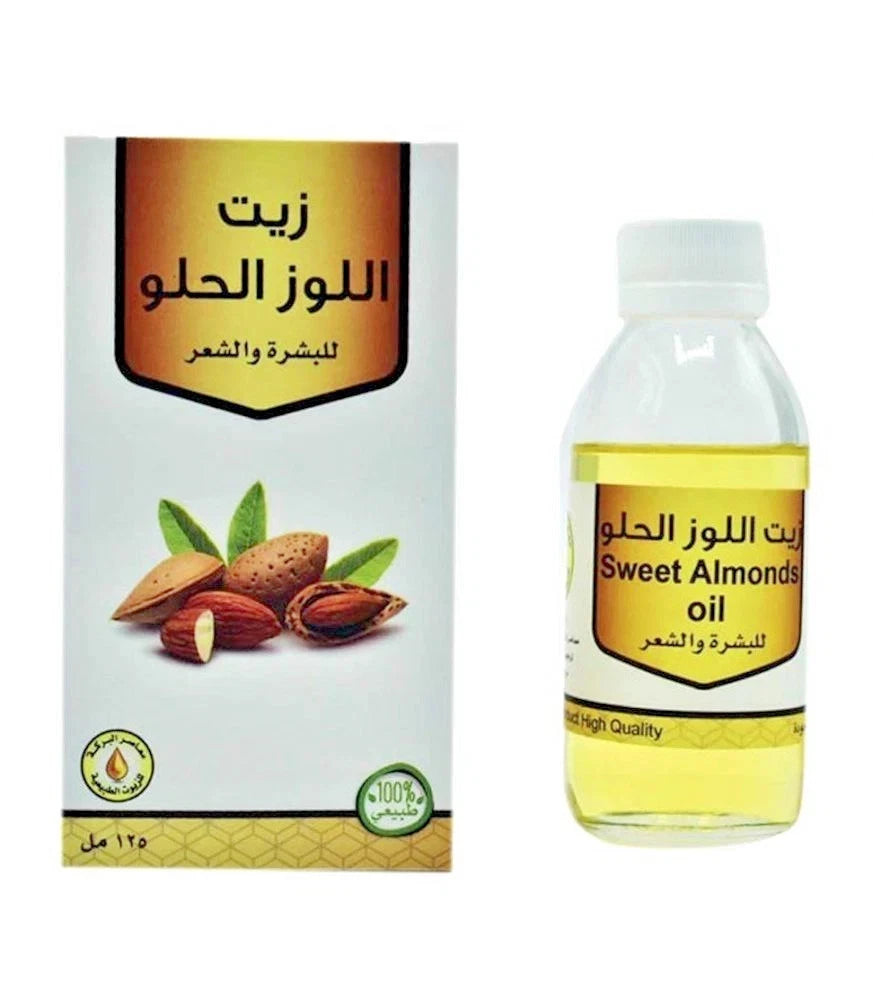 Bottle and box of sweet almond oil with Arabic text on a white background