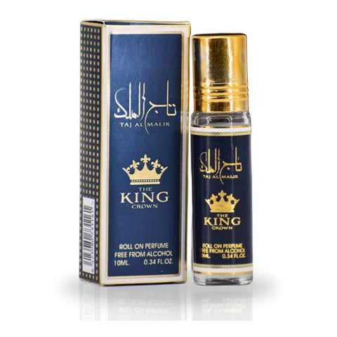 Taj Al Malik The King Crown roll-on perfume shown with its blue and gold packaging box and the clear glass roll-on bottle with a gold cap on a white background.Taj Al Malik – The King Crown Roll-On Perfume Oil 10ml