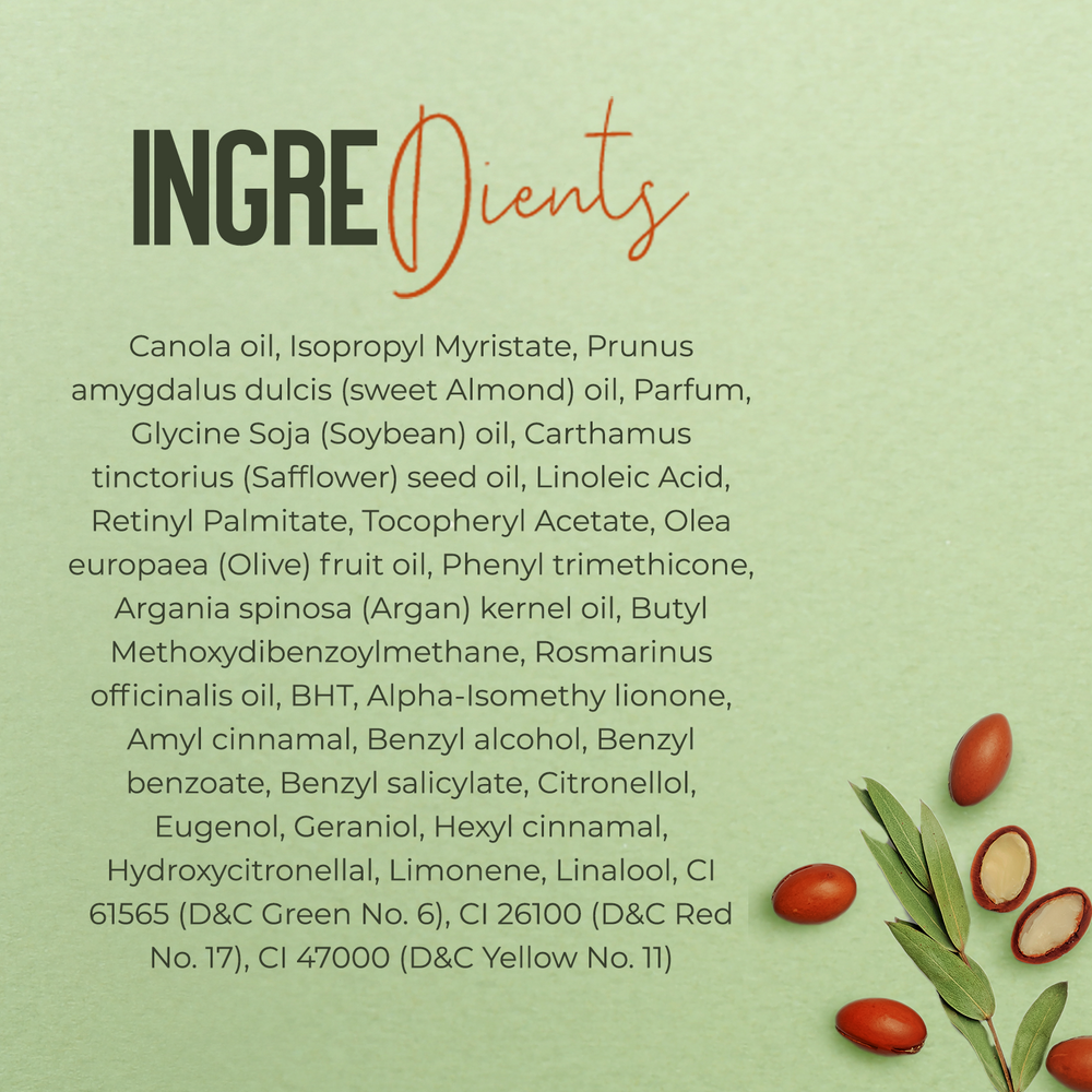 A text-heavy ingredient list on a pale green background, with the heading 'INGREDIENTS' in black and orange script. Small red berries and green leaves appear in the lower right corner.