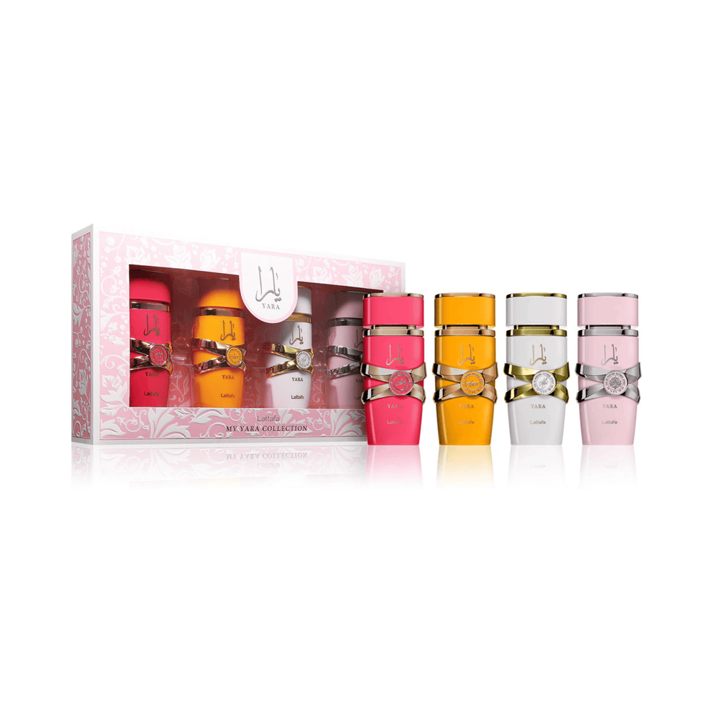 A set of four perfume bottles from the Maria Clara Collection displayed next to their pink patterned presentation box on a white background. The bottles are colored pink, orange, white, and light pink, each featuring a decorative metallic band with a bow around the middle. Yara Collection 4-Piece Gift Set – 25ml EDP | Lattafa Perfumes