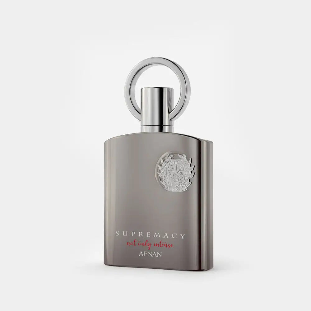 Afnan Supremacy Not Only Intense 100ml EDP perfume bottle in metallic gray with silver ring cap and embossed crest notes
