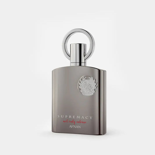 Afnan Supremacy Not Only Intense 100ml EDP perfume bottle in metallic gray with silver ring cap and embossed crest notes
