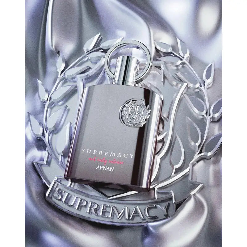 Silver rectangular perfume bottle with embossed crest and afnan name for afnan supremacy not only intense 100ml edp notes