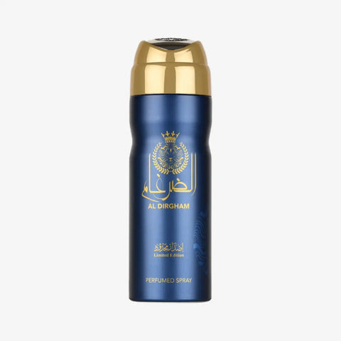 Blue metallic al dirgham limited edition perfumed body spray can with gold accents by ard al zaafaran 200ml