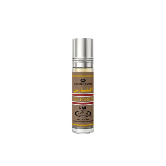 A sleek silver roll-on concentrated perfume oil bottle with a brown label gold and red accents al fares 6 ml