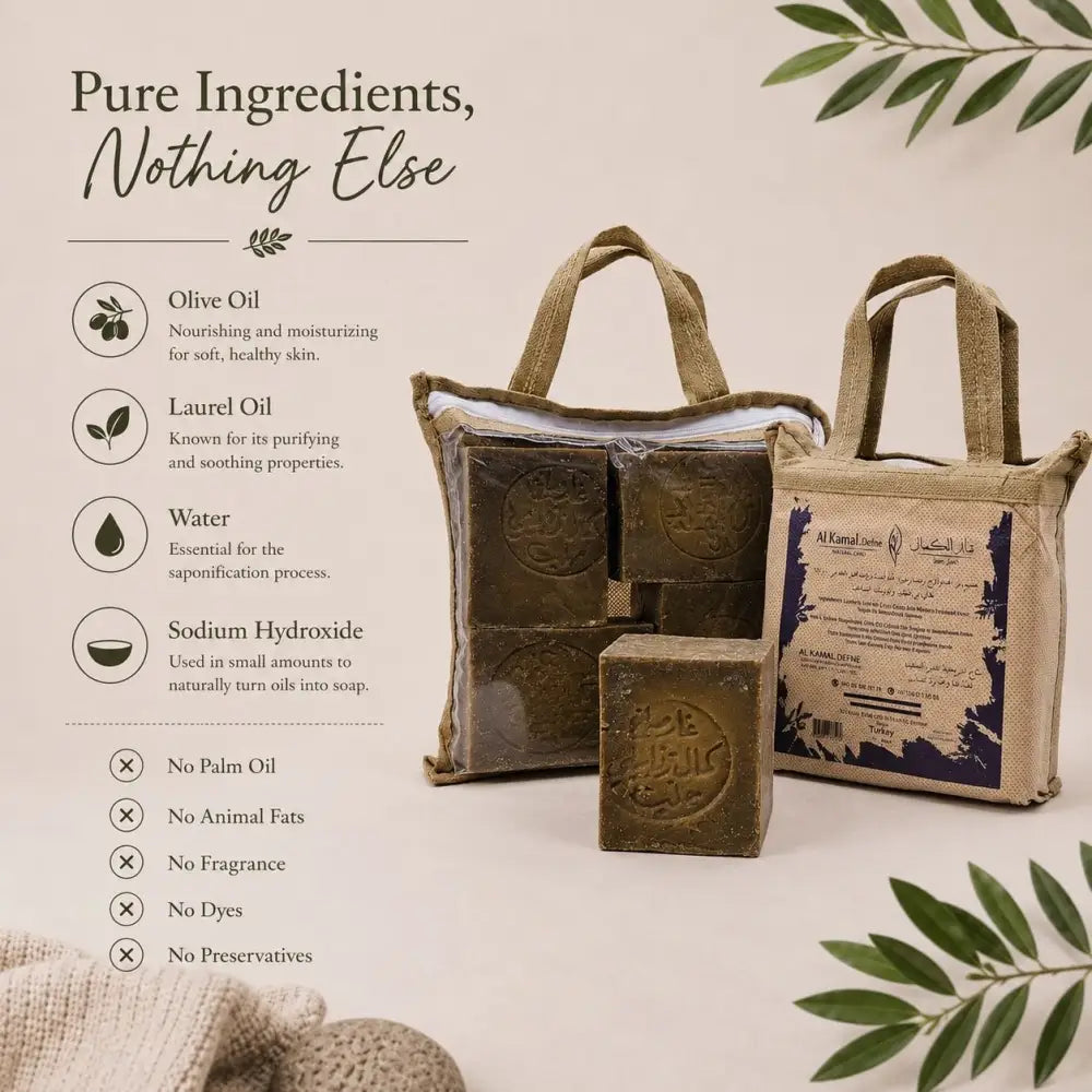 Bar of soap with packaging and text about pure ingredients on a neutral background