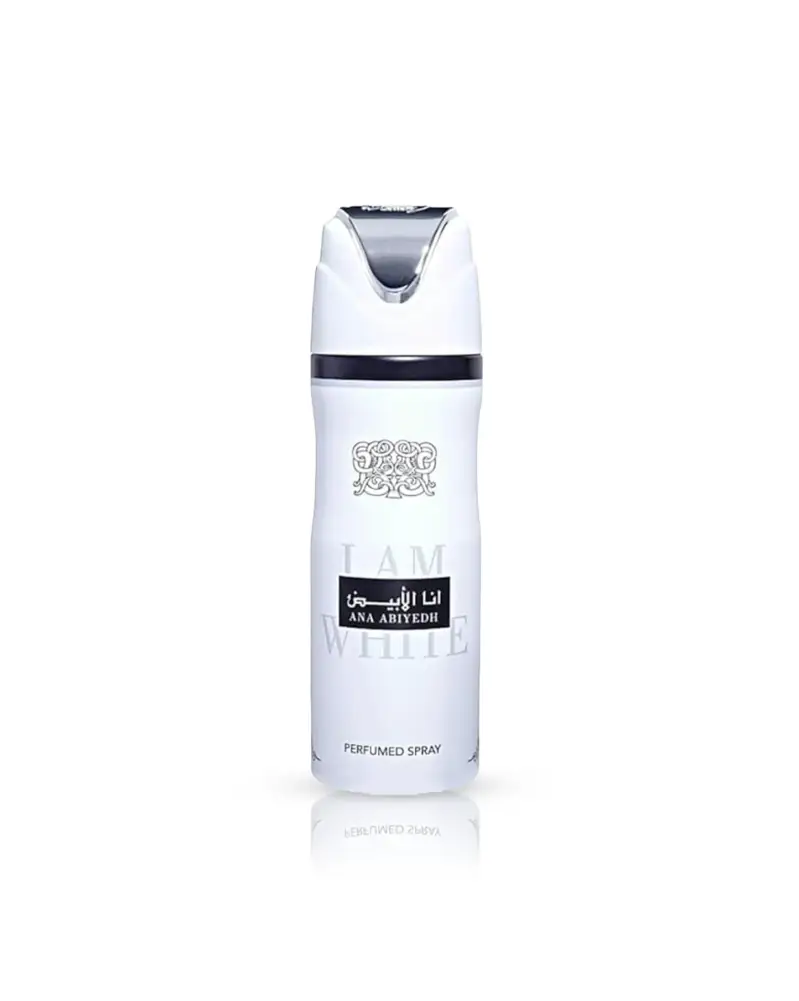 White cylindrical ana abiyedh perfumed body spray bottle with silver cap and arabic script label for white musk fragrance
