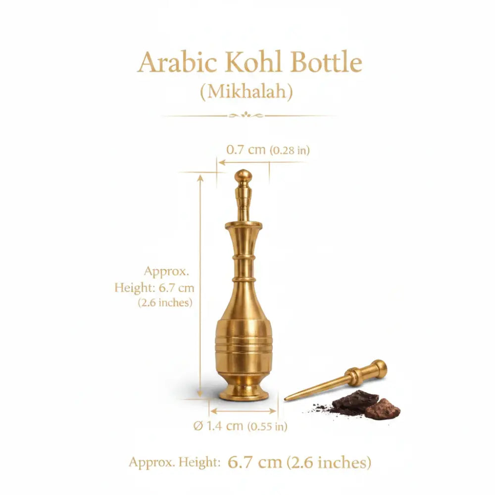 Gold Arabic kohl bottle with measurements on a textured brown background