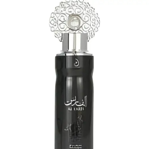 Black cylindrical arabiyat al faris perfume bottle with silver ornate floral cap and arabic script faris edp 100ml deo 200ml