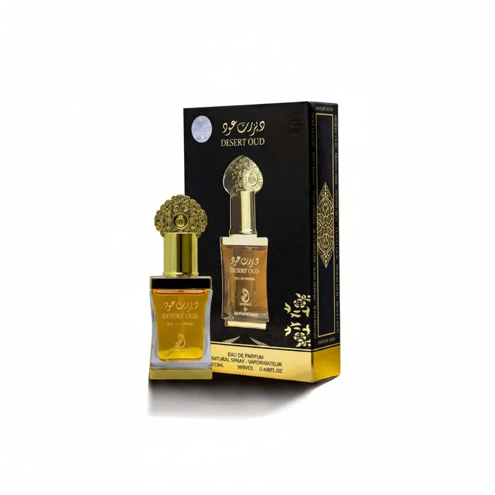 Desert Oud perfume bottle and packaging on a white background