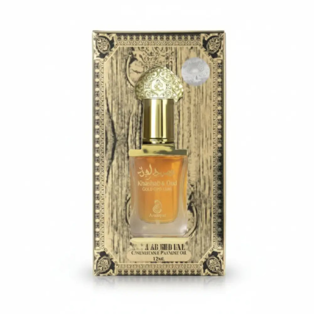 Perfume bottle with decorative packaging on a white background Arabiyat - Khashab & Oud Gold | CPO 12ML | Unisex