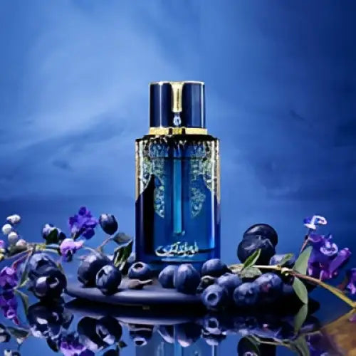 Deep blue arabiyat prestige blueberry perfume bottle with gold accents in sleek modern design for blueberry musk gift set
