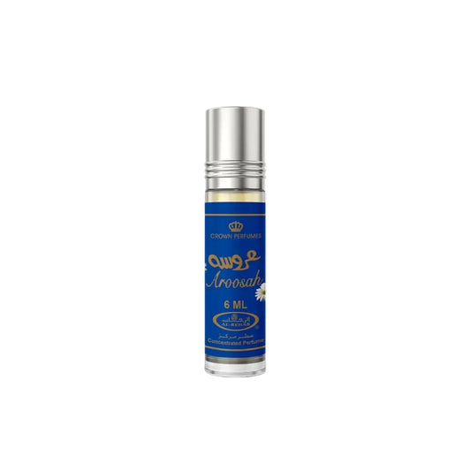 Aroosah CPO 6ml concentrated perfume oil by Al Rehab in a sleek silver roll-on bottle with a blue floral woody label