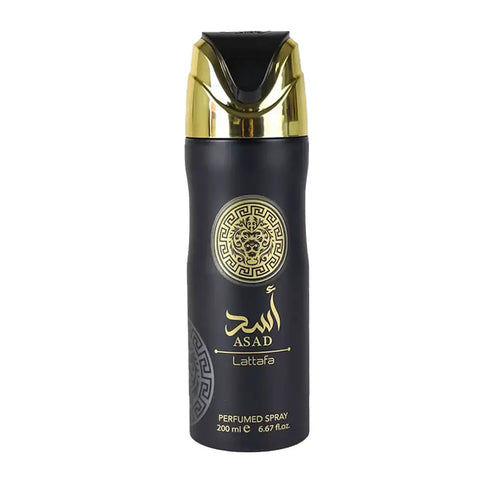 Black cylindrical asad lattafa perfumed body spray 200ml with gold accents and lion emblem for men
