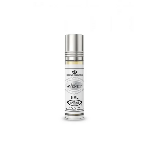 Silver-topped roll-on perfume oil with white label and black silver text containing 6 ml concentrated perfume oil avenue cpo al rehab