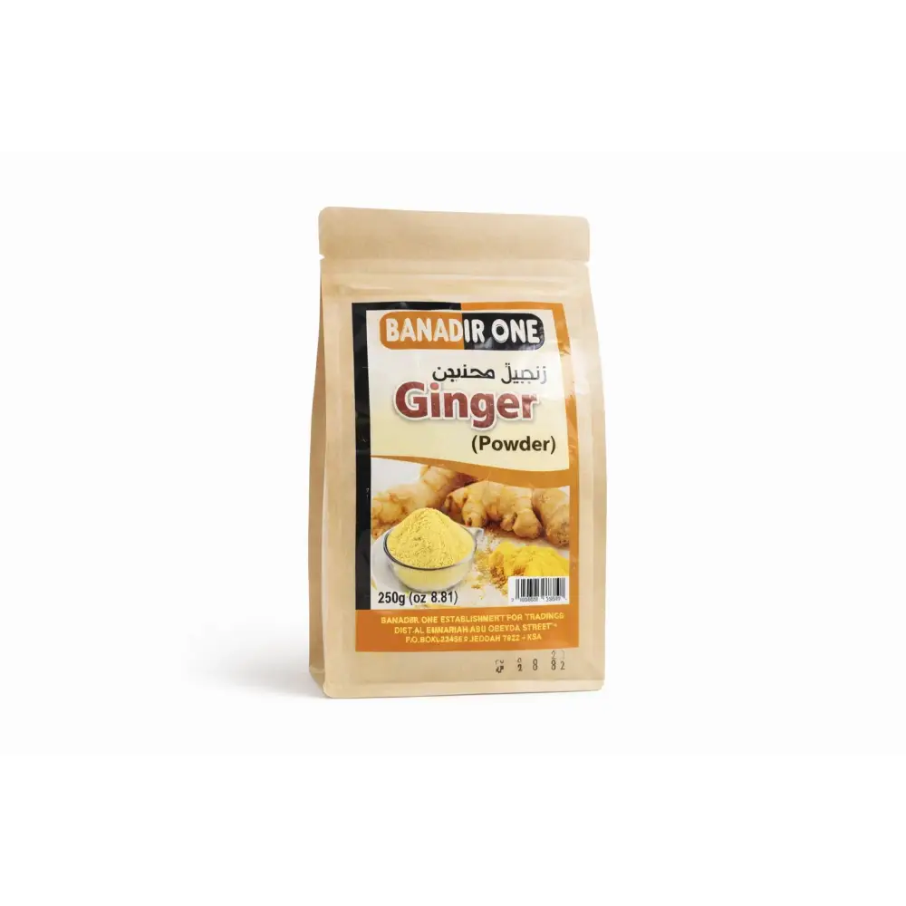 A beige resealable pouch of banadir one ginger powder and tangawis tea mix featuring traditional somali spice labels