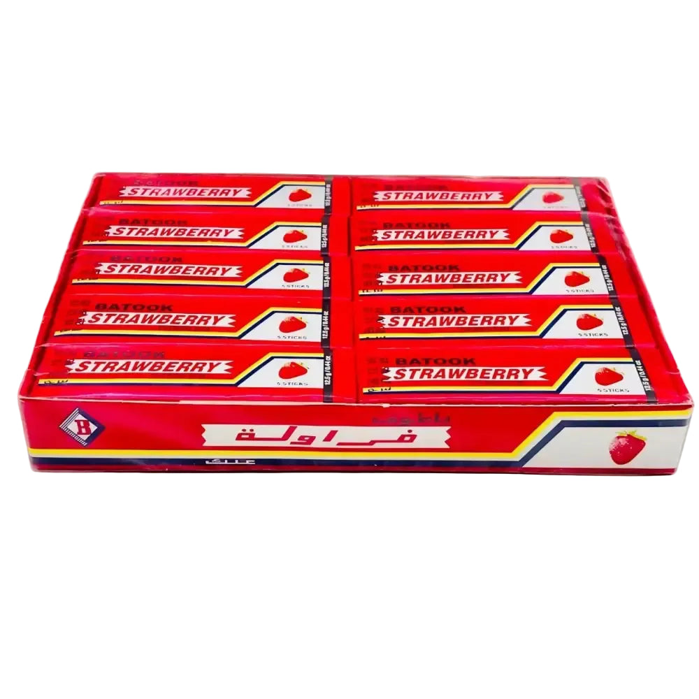 Red and white cardboard box of batook strawberry chewing gum with strawberry flavour and arabic text logo