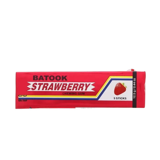 Batook strawberry chewing gum pack with red and white design strawberry flavour containing five sticks in bulk box
