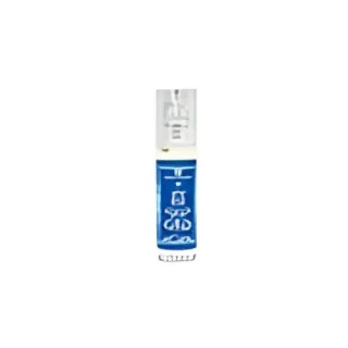 A sleek white cylindrical rollerball pen with a blue rose label containing concentrated perfume oil by al rehab