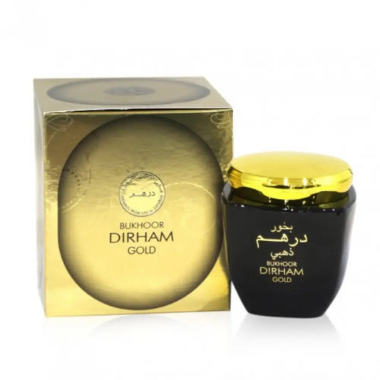 Bukhoor Dirham Gold container with gold lid and packaging on a white background