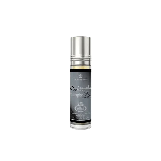 A sleek silver-topped champion black roll-on perfume bottle with dark gray label for noor east home ambiance by al rehab