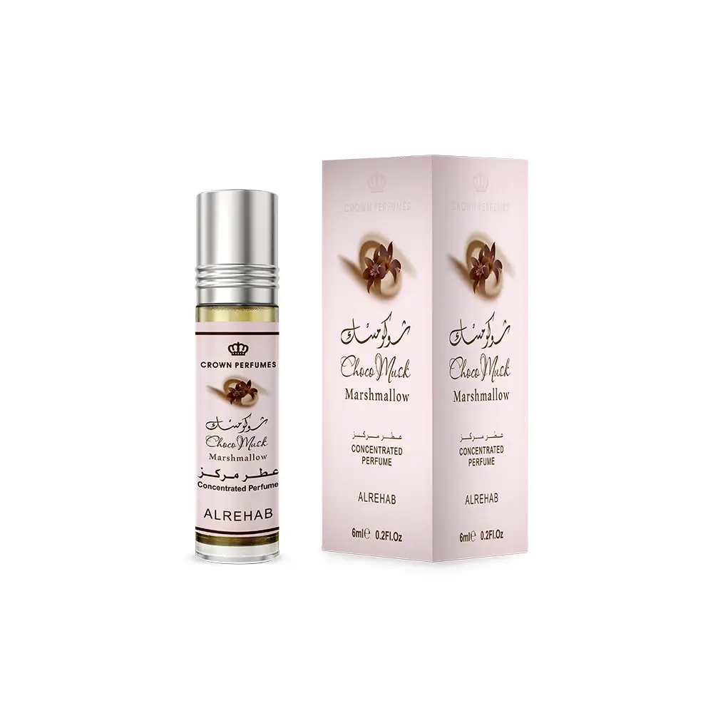 Choco musk marshmallow concentrated perfume oil in a sleek silver roll-on bottle with a pale pink label and box