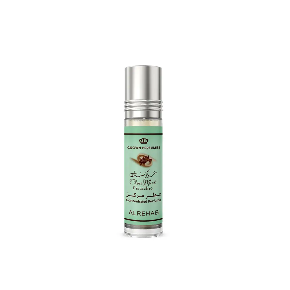 A sleek silver roll-on perfume bottle with a mint green label by crown perfumes featuring choco musk pistachio scent