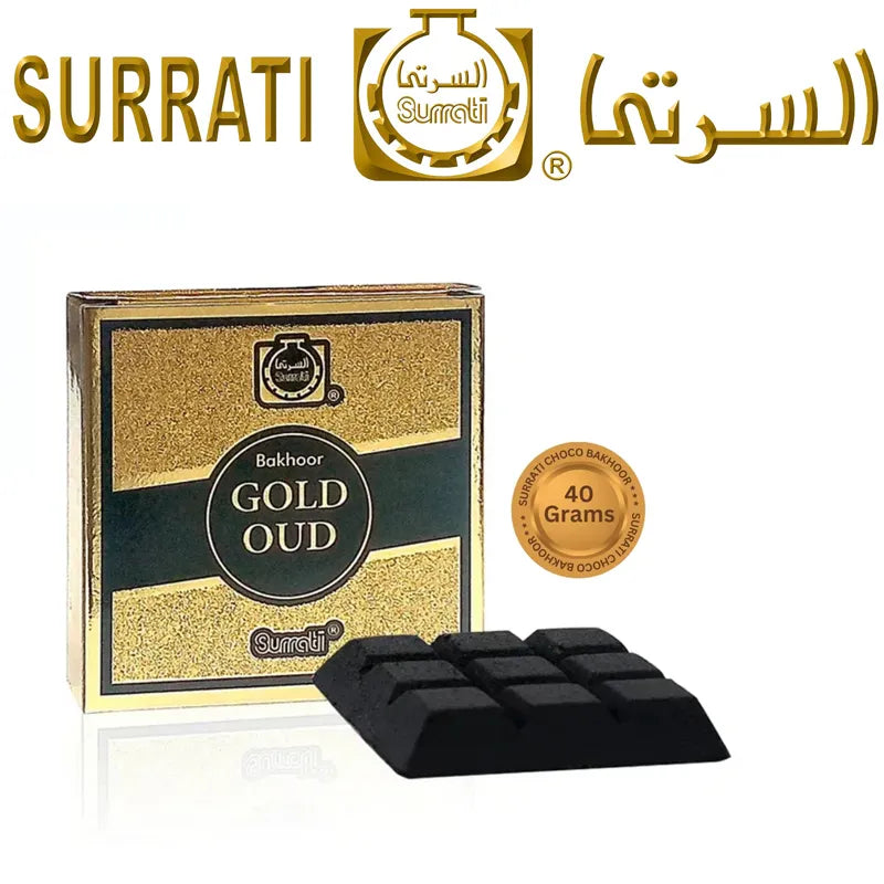 Surrati Gold Oud Bakhoor box with a black and gold design, shown alongside a black rectangular wick and a gold seal indicating 40 grams.