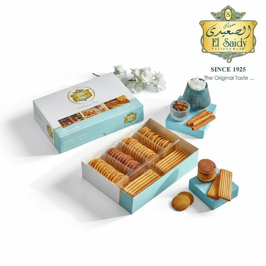 Box of cookies with 'El Saady' branding on a blue background