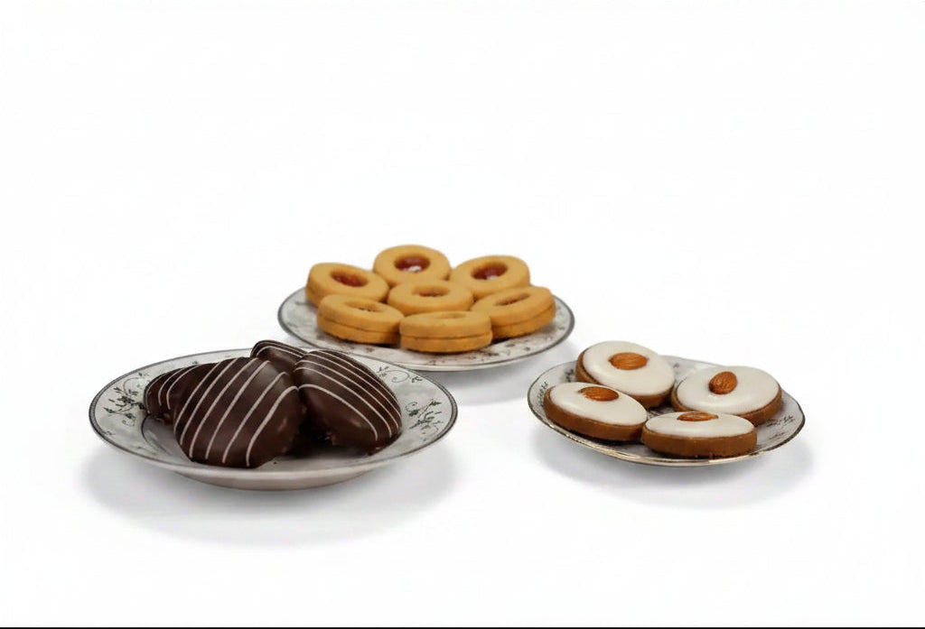 Dark chocolate egyptian cookies sablée with white icing stripes on a decorative plate halal certified recipes