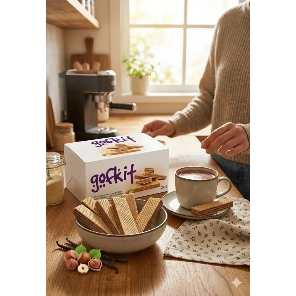 A box of gofkit hazelnut flavoured cocoa cream wafers with white and purple packaging showing wafer sticks