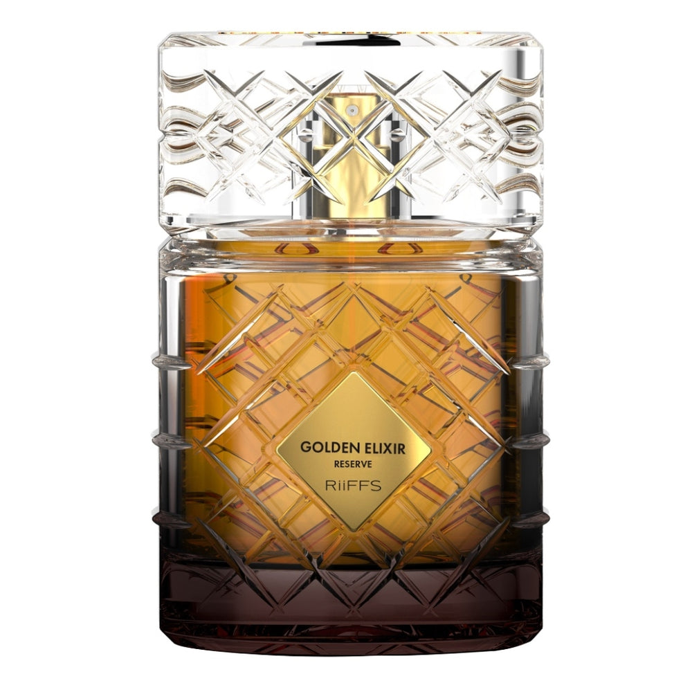 Decorative bottle labeled 'Golden Elixir Reserve' by Riiffs on a white backgroundGolden Elixir Reserve Extrait de Parfum 100ml – Riiffs