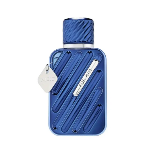 Deep blue ribbed glass 100ml fragrance bottle with matching textured cap and silver accents from fragrance world