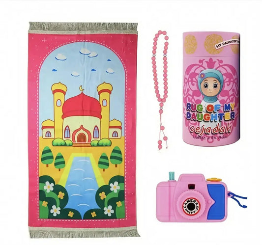 Pink islamic prayer rug set for kids with cartoon mosque design fringed edges small prayer mat for children