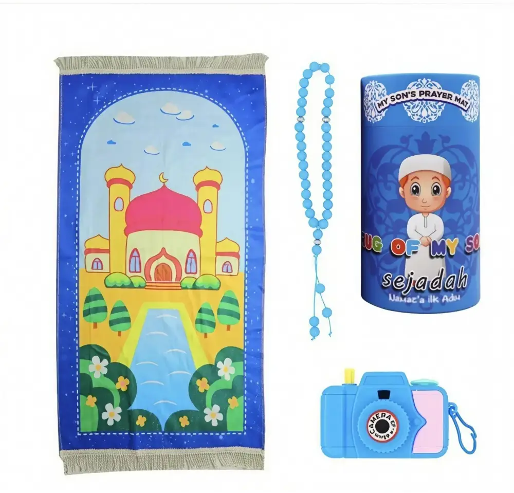 Blue islamic prayer rug set for kids with cartoon mosque design and fringed edges small prayer mat for boys and girls