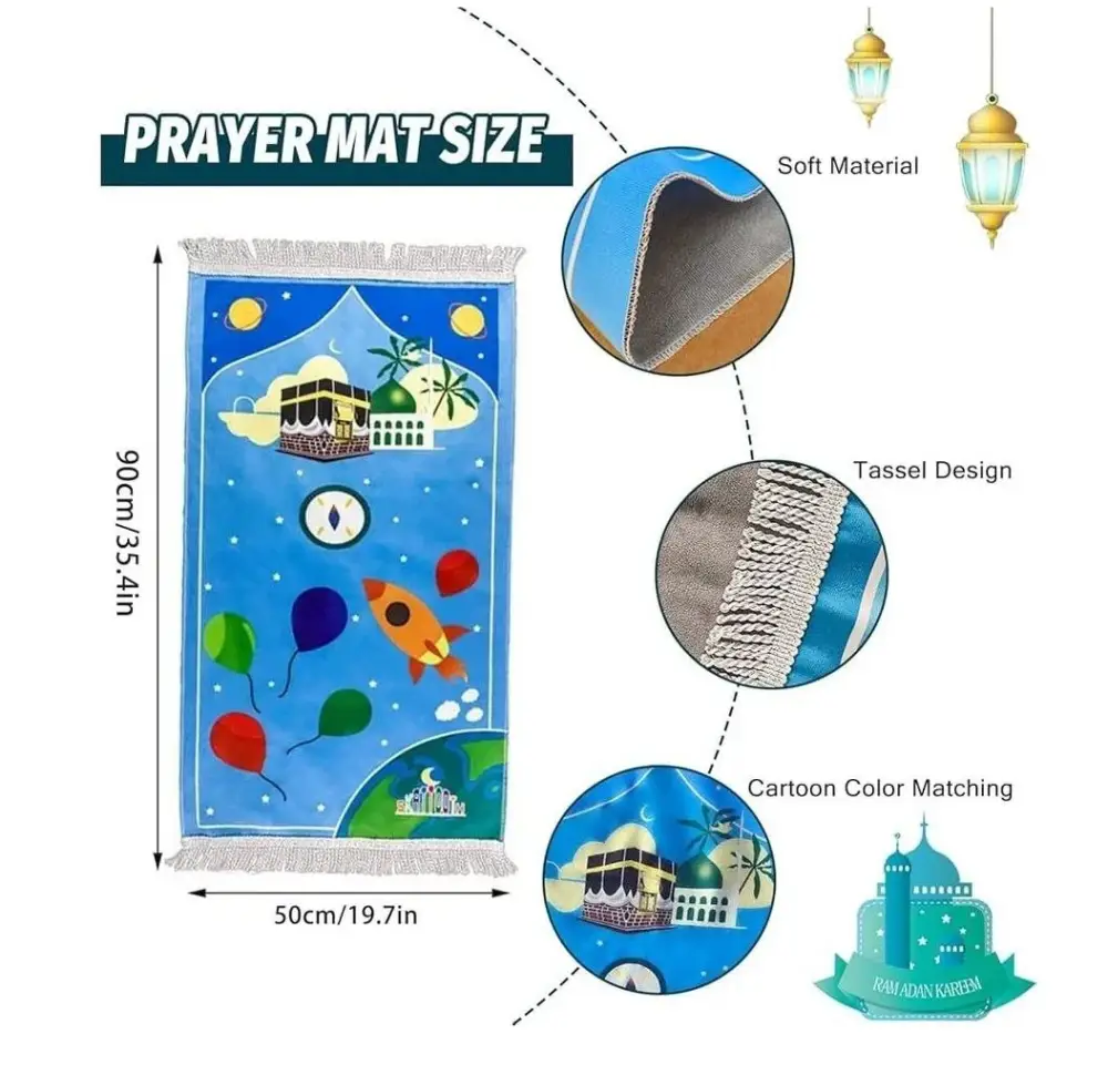 Blue cartoon-themed islamic prayer rug small prayer mat featuring the kaaba balloons and rockets for kids
