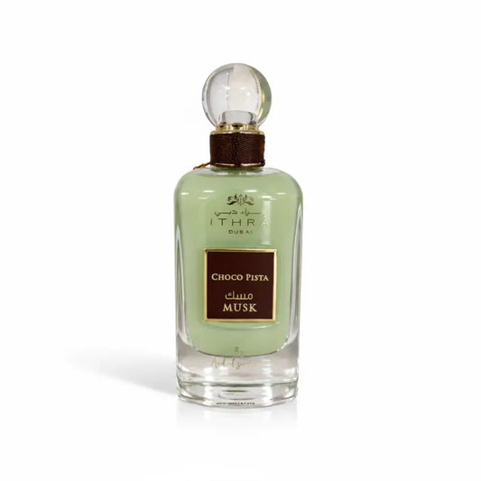 Perfume bottle labeled 'Choco Pista Musk' by Ithra on a white background