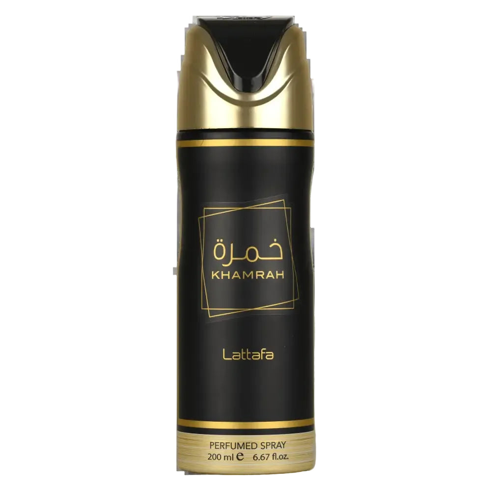 Black and gold khamrah lattafa gourmand oriental perfumed body spray in 200 ml aerosol can for daily use