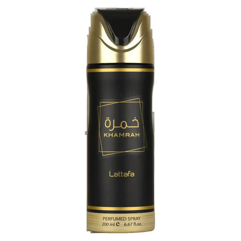 Black and gold khamrah lattafa gourmand oriental perfumed body spray in 200 ml aerosol can for daily use
