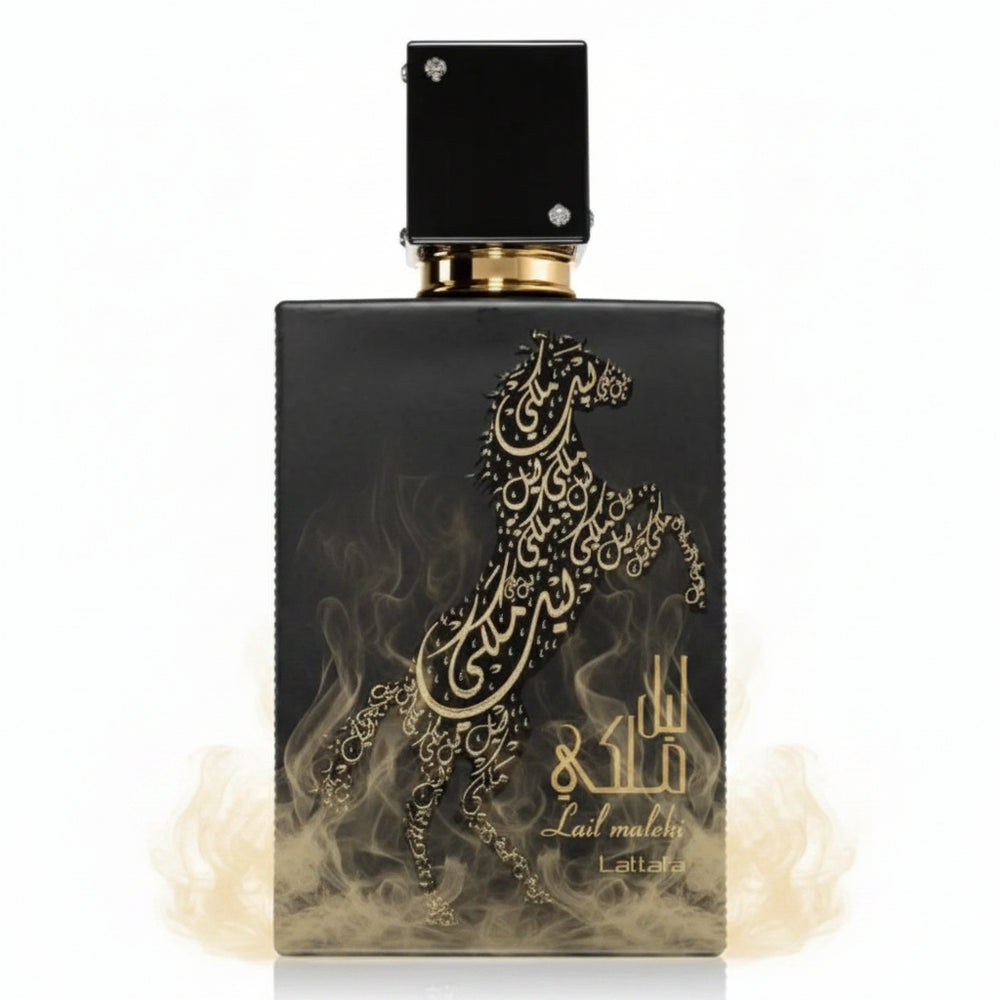 Black perfume bottle with gold horse design on a white background