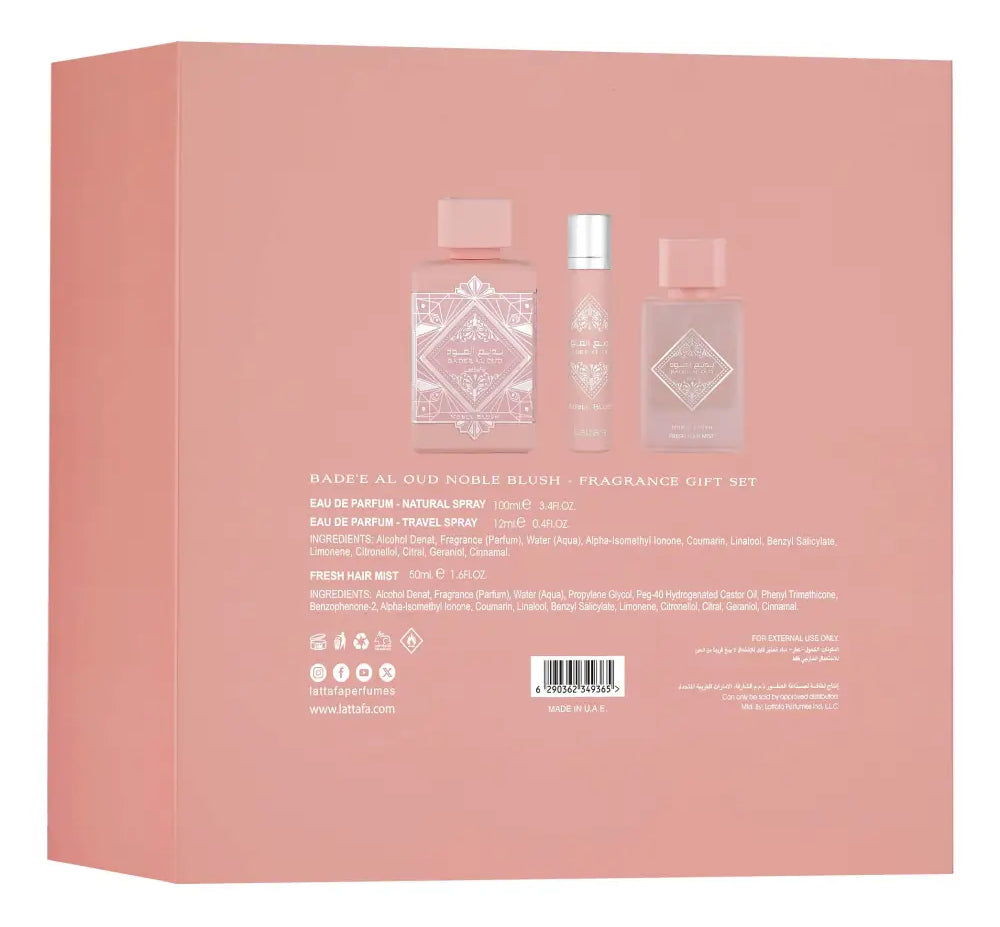 Bader Al Oud Noble Blush fragrance gift set packaging on a pink background
