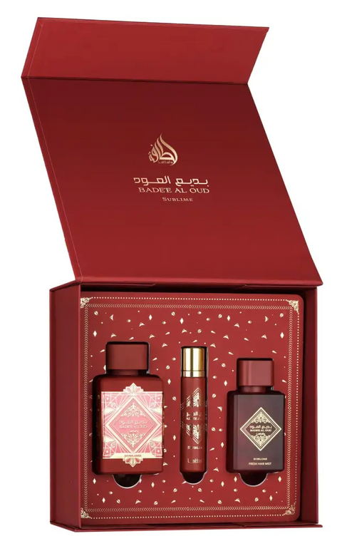 Red velvet gift set containing three badee al oud sublime perfumes including 100ml edp and 12ml hair mist