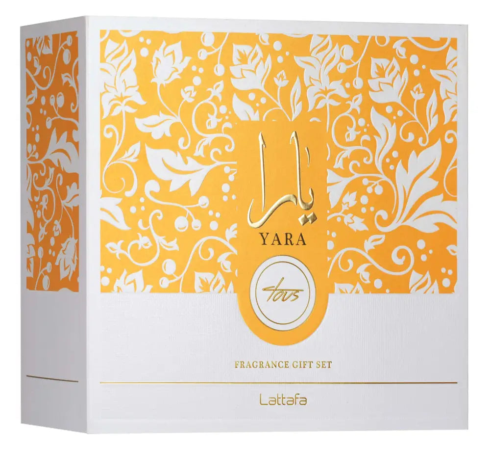Lattaafa Yara fragrance gift set packaging with decorative yellow and white design.