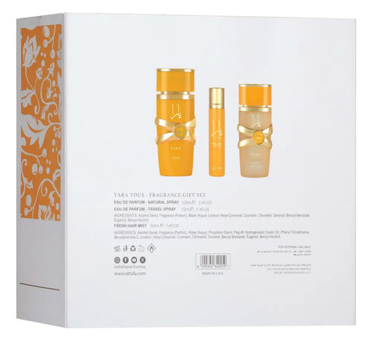 Yara Thous fragrance gift set packaging with three bottles on a white background