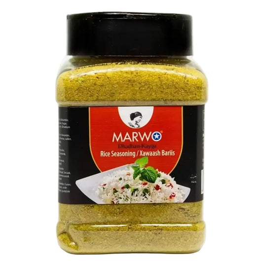Marwo xawaash 230g authentic somali spice in a clear jar with black lid for somali rice and pasta seasoning