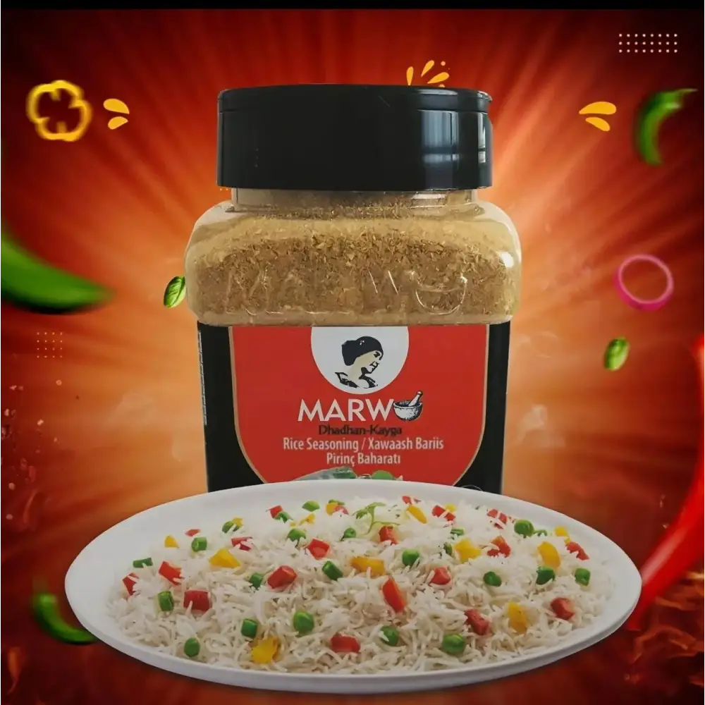 A jar of marwo xawaash 230g authentic somali spice with black lid and red label for somali rice seasoning