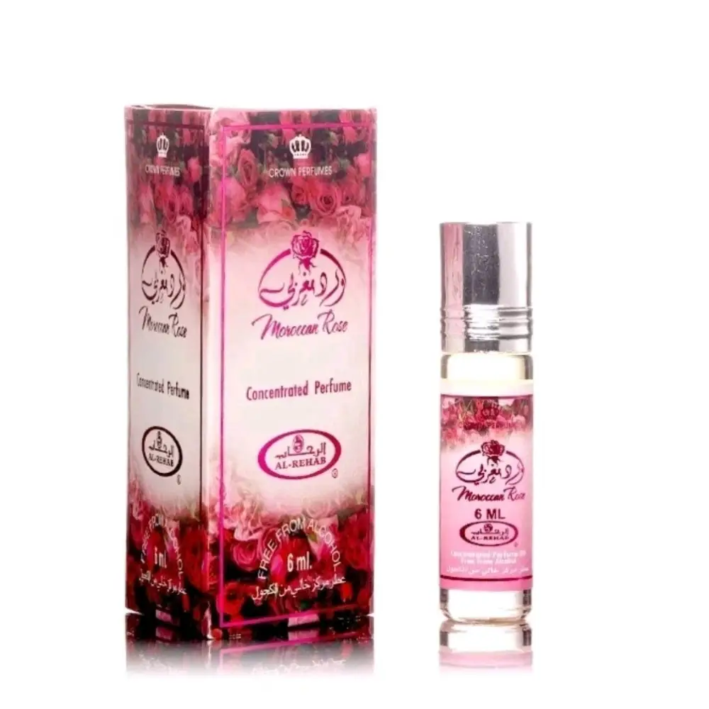 Pink and silver moroccan rose concentrated perfume oil bottle with rollerball in ornate rose-patterned al rehab box