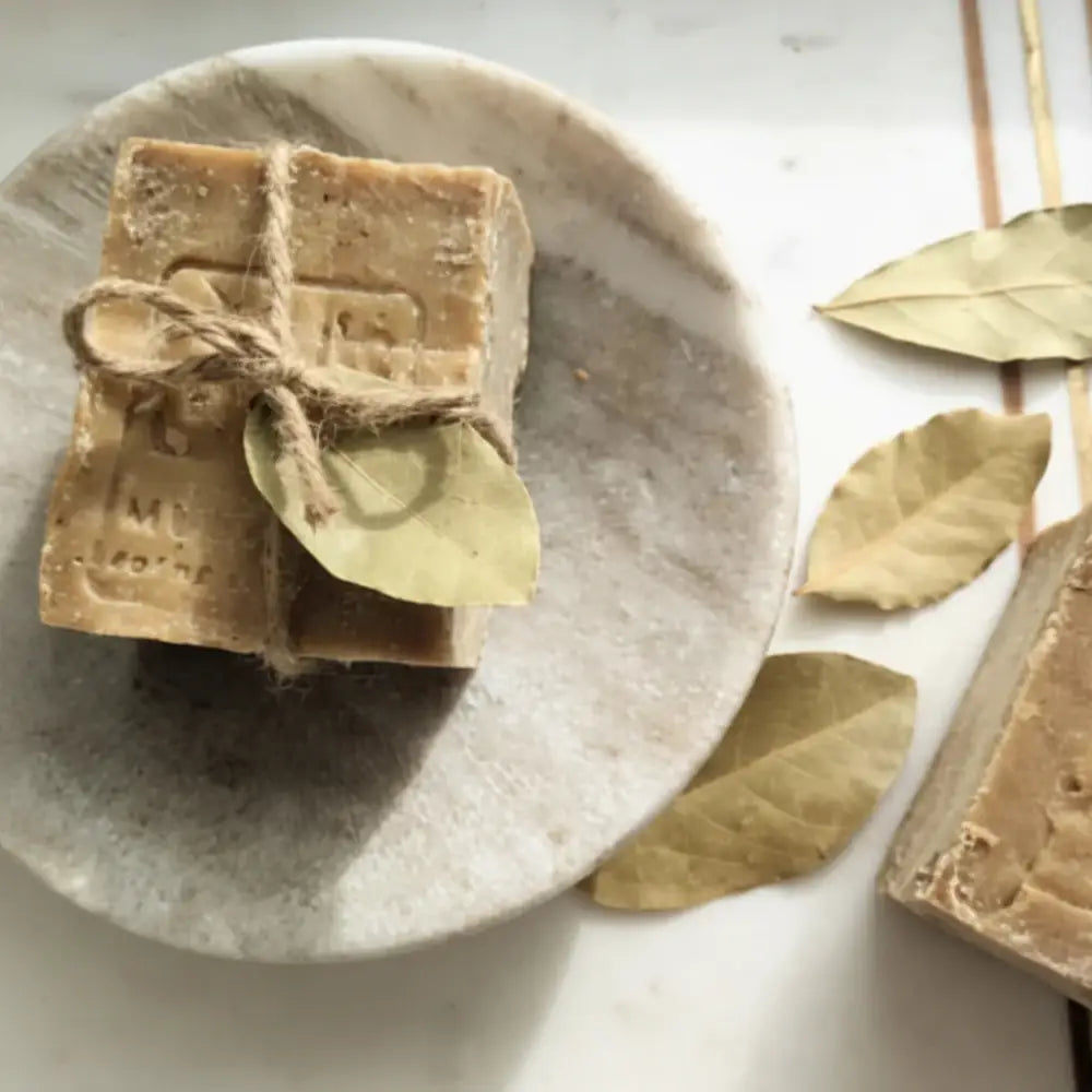Bar of soap on a stone surface with leaves and another bar of soap in the background.