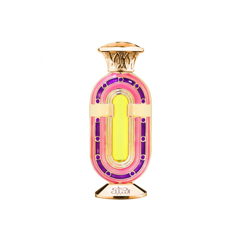 A decorative perfume bottle with a gold-tone metal frame and cap, featuring a bright yellow center, pink outer trim, and purple accents, set against a plain white background.Nada Al Ghadeer – Fruity Floral Perfume Oil 20ml – Nabeel
