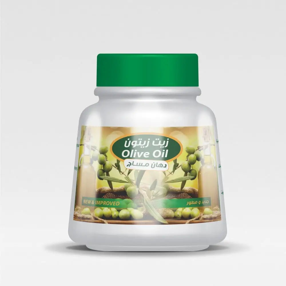 A clear plastic bottle with green cap and olive oil label in english and arabic for natural massage rub by al-helal